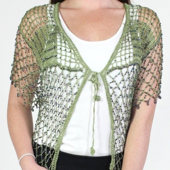 Olive with Multi Colored Beads Evening Cardigan - Picture 1 of 3